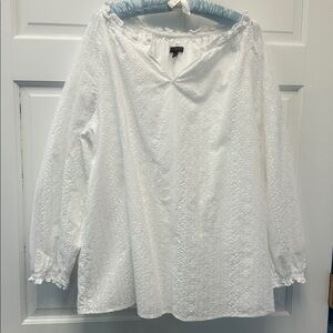 Talbots Plus White Eyelet Peasant Ruffled Blouse 100% Cotton Boho V-Neck Lined